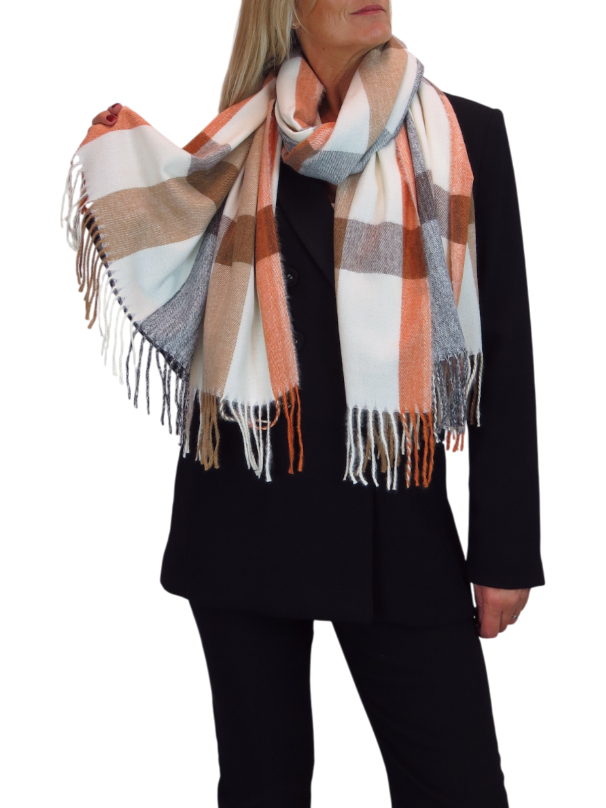 Wool Blend Large Plaid Design Wrap Scarf Grey/Orange