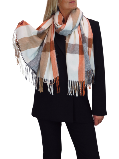 Wool Blend Large Plaid Design Wrap Scarf Grey/Orange
