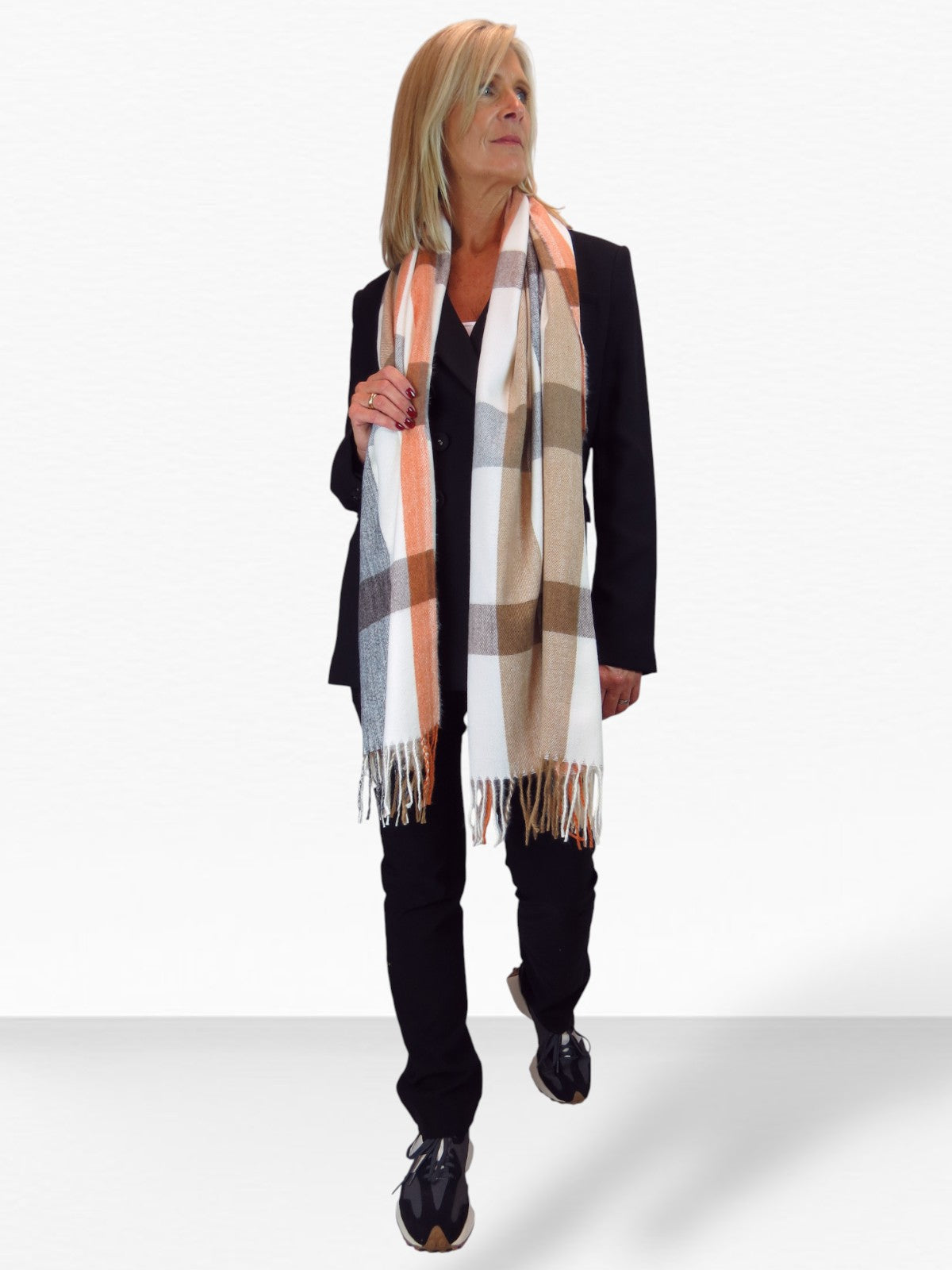 Wool Blend Large Plaid Design Wrap Scarf Grey/Orange