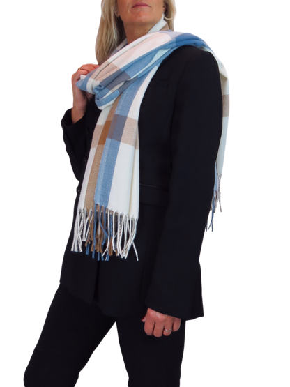 Wool Blend Large Plaid Design Wrap Scarf Blue/Brown