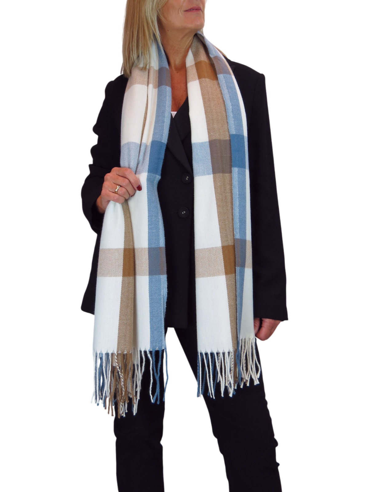 Wool Blend Large Plaid Design Wrap Scarf Blue/Brown