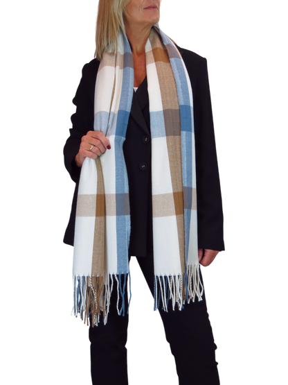 Wool Blend Large Plaid Design Wrap Scarf Blue/Brown