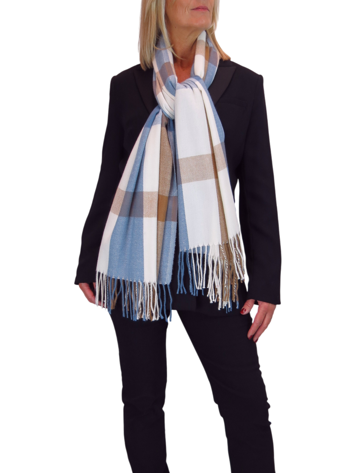 Wool Blend Large Plaid Design Wrap Scarf Blue/Brown