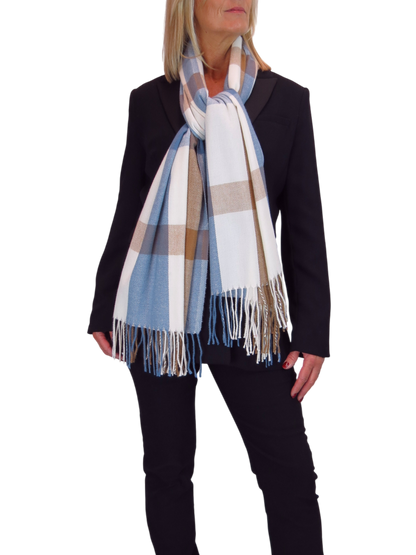 Wool Blend Large Plaid Design Wrap Scarf Blue/Brown