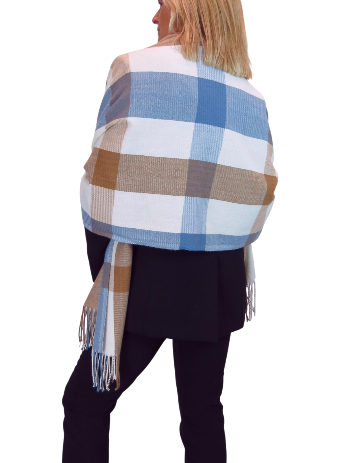 Wool Blend Large Plaid Design Wrap Scarf Blue/Brown