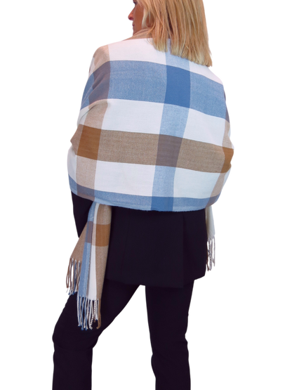 Wool Blend Large Plaid Design Wrap Scarf Blue/Brown