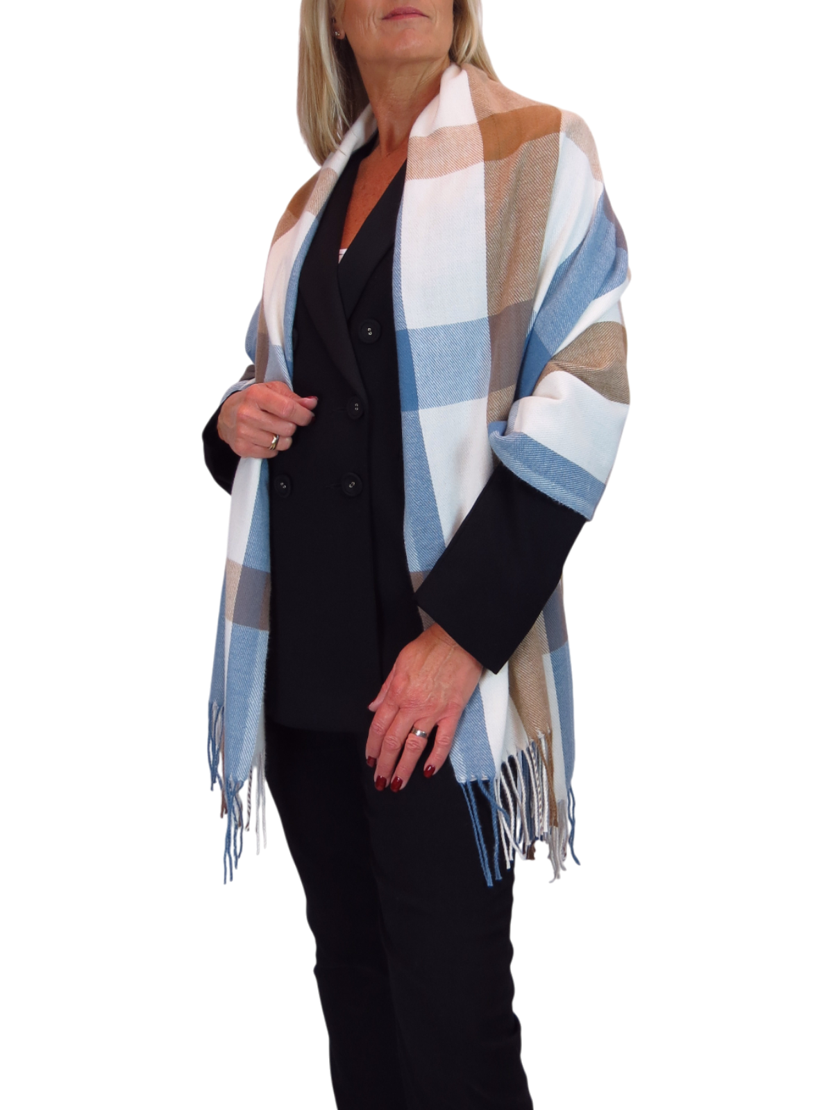 Wool Blend Large Plaid Design Wrap Scarf Blue/Brown