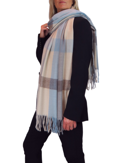 Wool Blend Large Plaid Design Wrap Scarf Beige/Blue