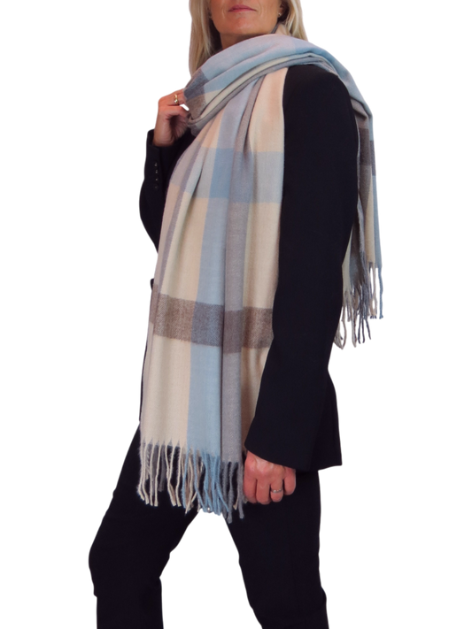 Wool Blend Large Plaid Design Wrap Scarf Beige/Blue