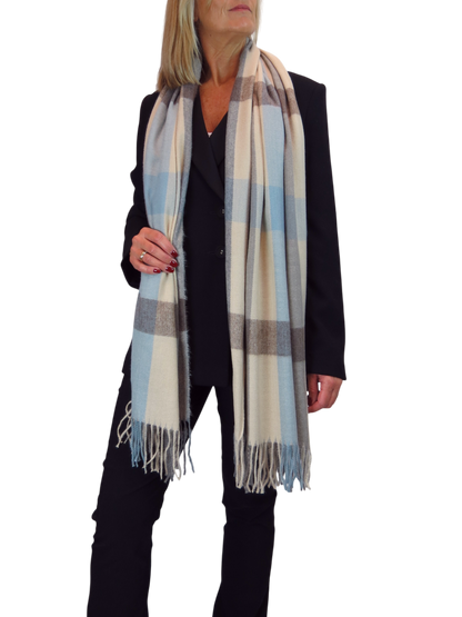 Wool Blend Large Plaid Design Wrap Scarf Beige/Blue