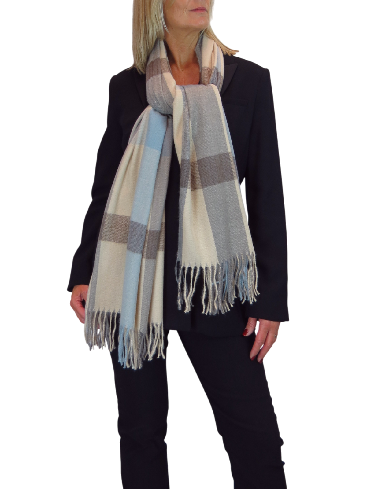 Wool Blend Large Plaid Design Wrap Scarf Beige/Blue