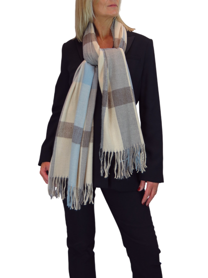 Wool Blend Large Plaid Design Wrap Scarf Beige/Blue