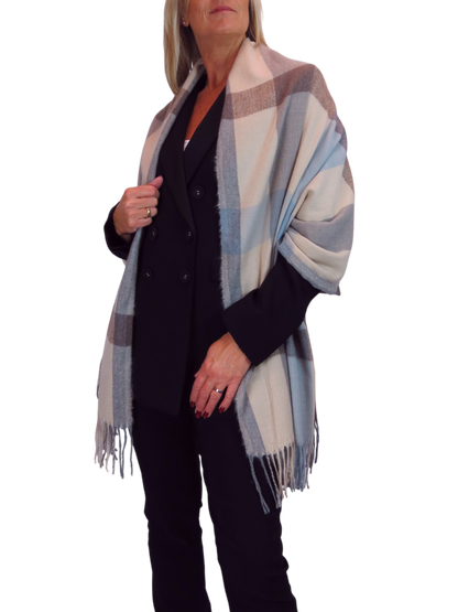 Wool Blend Large Plaid Design Wrap Scarf Beige/Blue