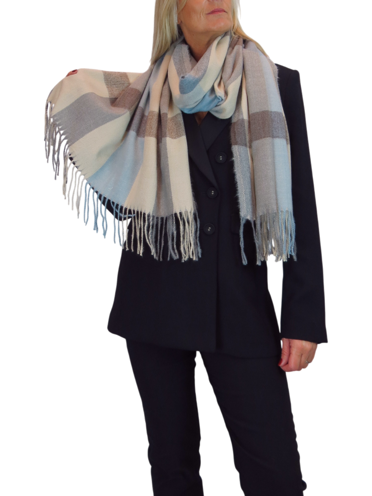 Wool Blend Large Plaid Design Wrap Scarf Beige/Blue