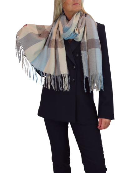 Wool Blend Large Plaid Design Wrap Scarf Beige/Blue
