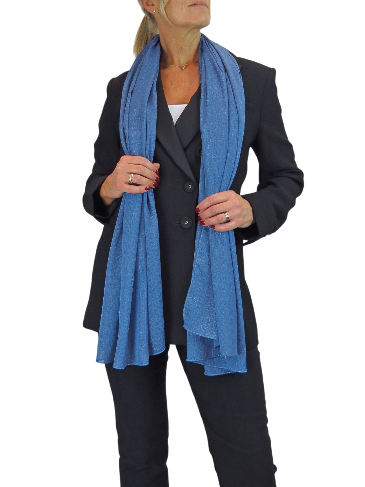 Silk Blend Scarf with Metallic Threads Mid Blue