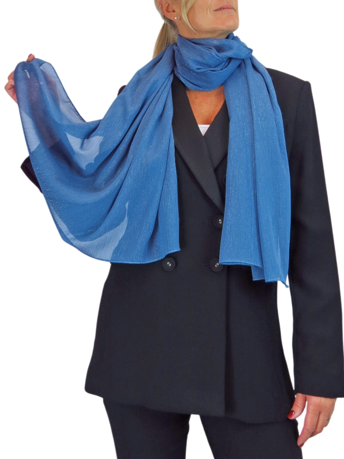 Silk Blend Scarf with Metallic Threads Mid Blue