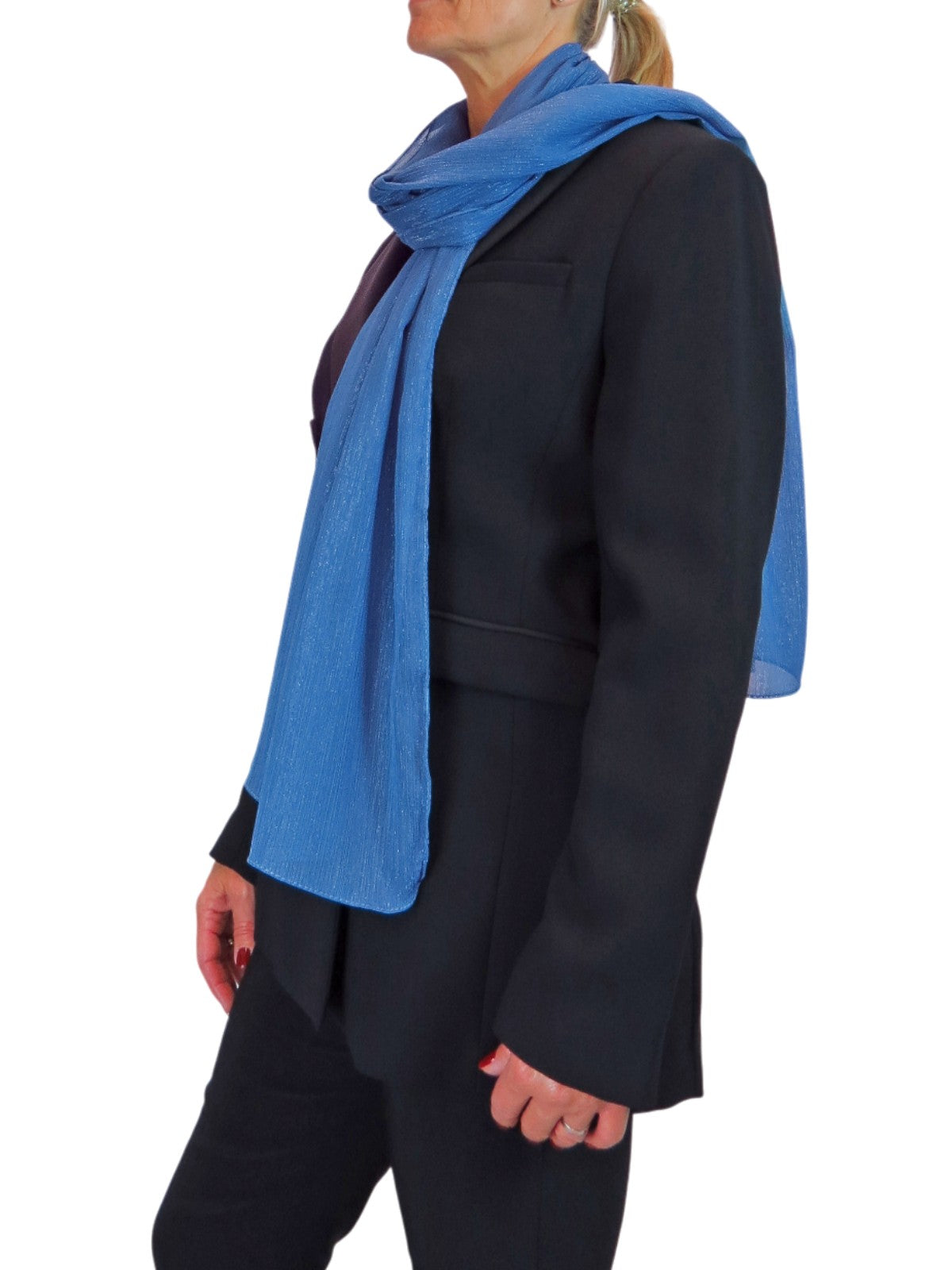 Silk Blend Scarf with Metallic Threads Mid Blue