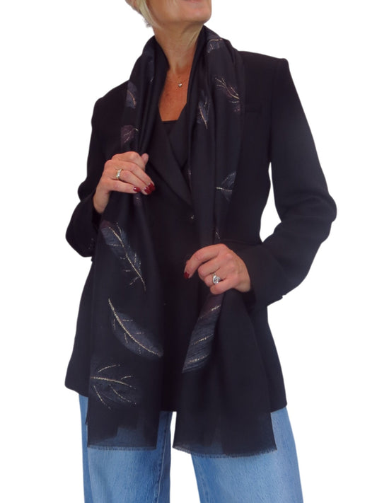 Golden Feather Print Scarf Black