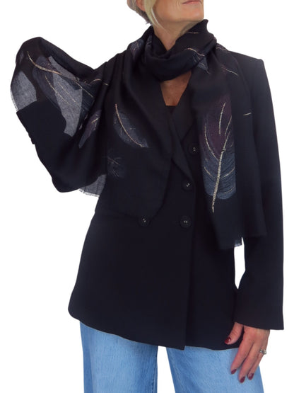 Golden Feather Print Scarf Black