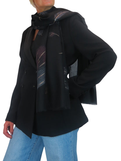 Golden Feather Print Scarf Black