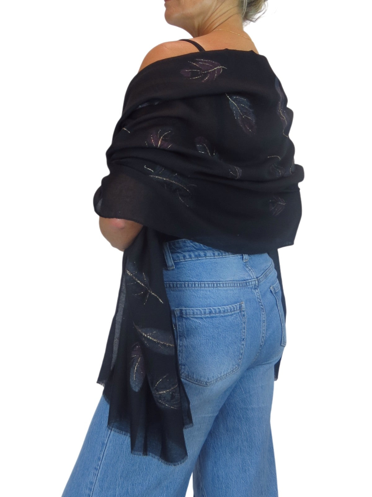 Golden Feather Print Scarf Black