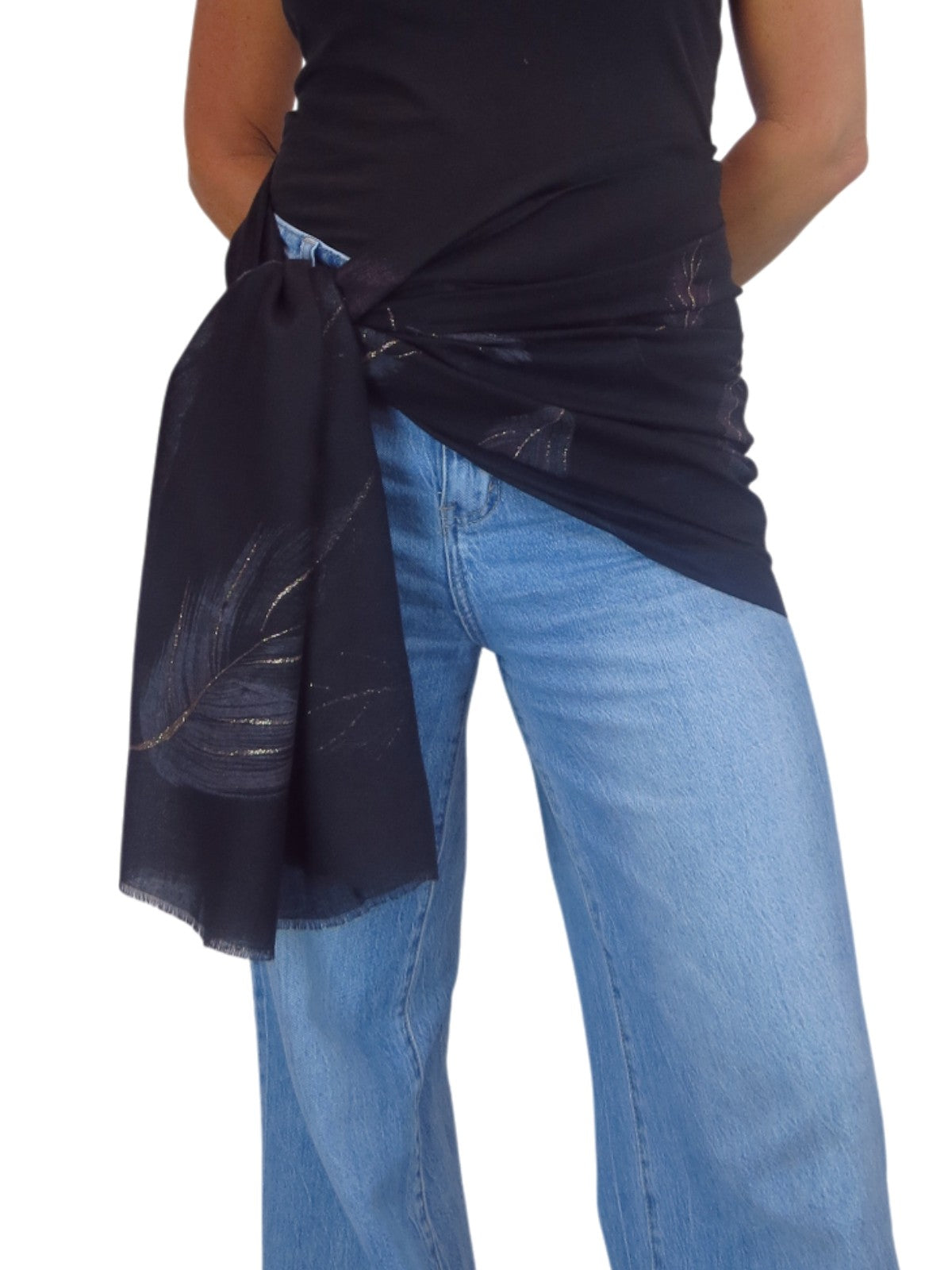 Golden Feather Print Scarf Black