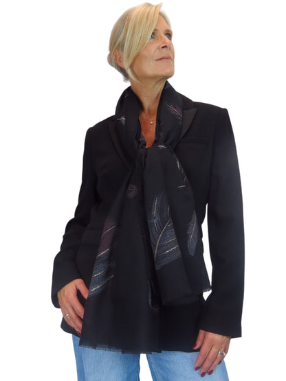 Golden Feather Print Scarf Black