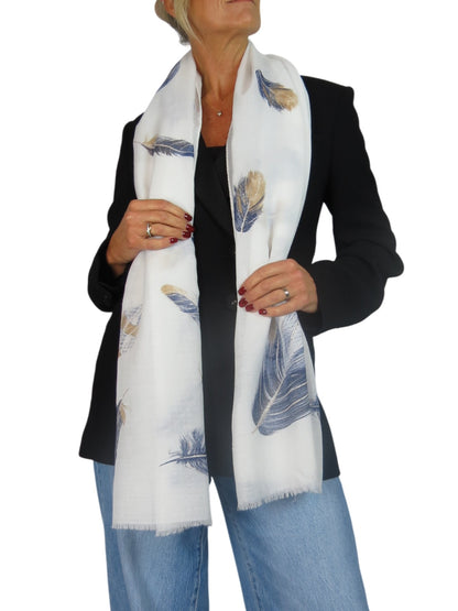 Golden Feather Print Scarf Ivory