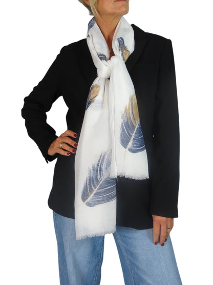 Golden Feather Print Scarf Ivory