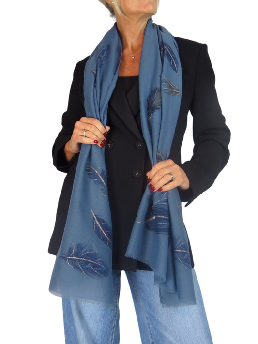 Golden Feather Print Scarf Midnight Blue