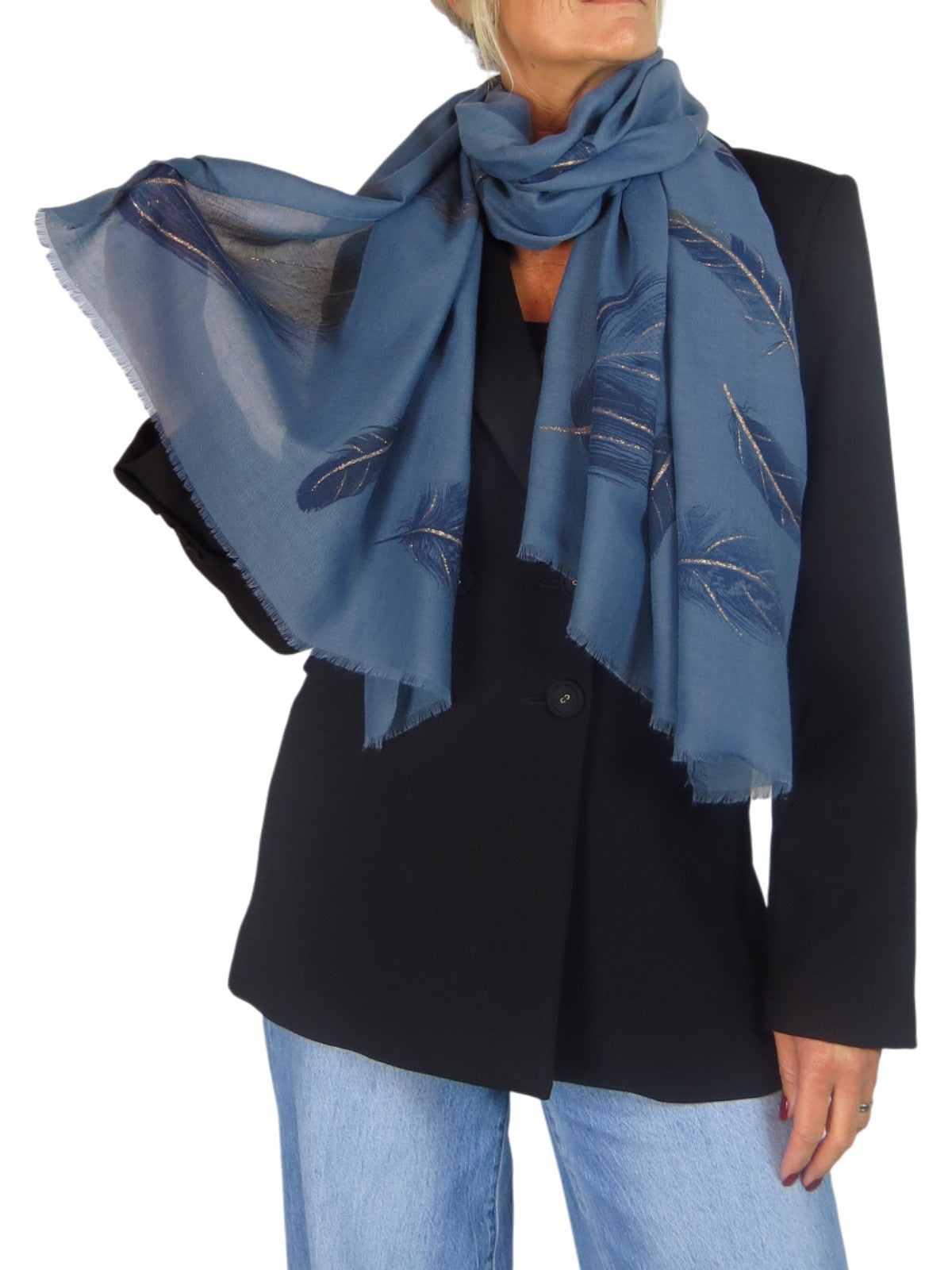Golden Feather Print Scarf Midnight Blue