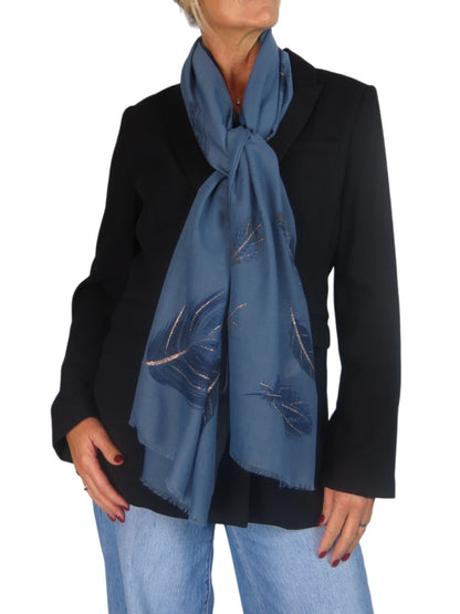 Golden Feather Print Scarf Midnight Blue