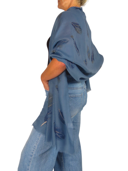 Golden Feather Print Scarf Midnight Blue