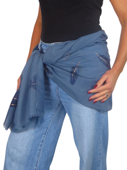 Golden Feather Print Scarf Midnight Blue