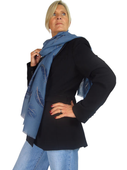 Golden Feather Print Scarf Midnight Blue