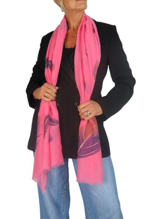 Golden Feather Print Scarf Coral