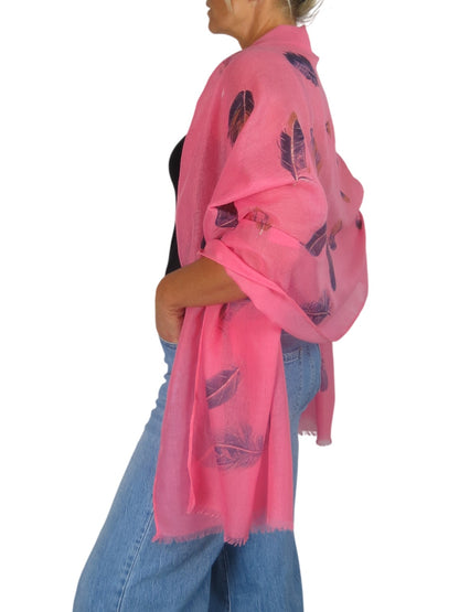 Golden Feather Print Scarf Coral