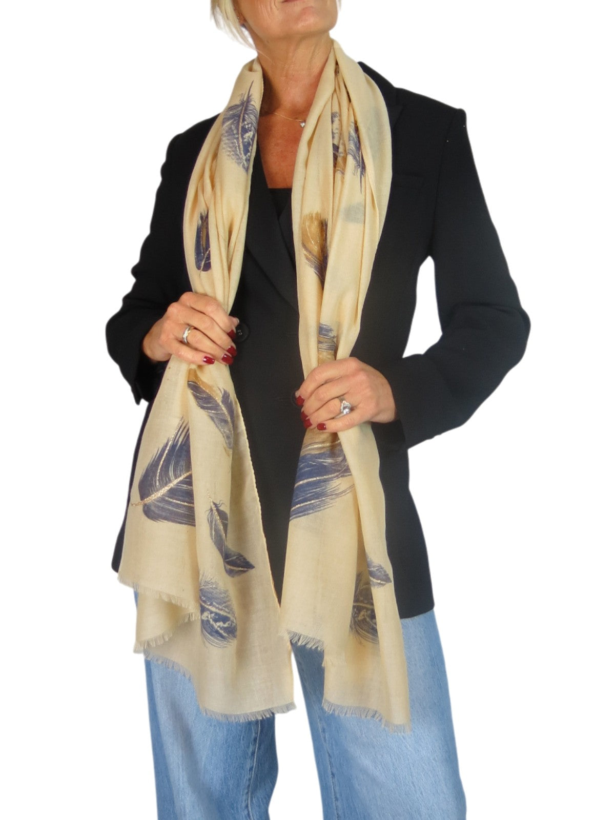Golden Feather Print Scarf Beige