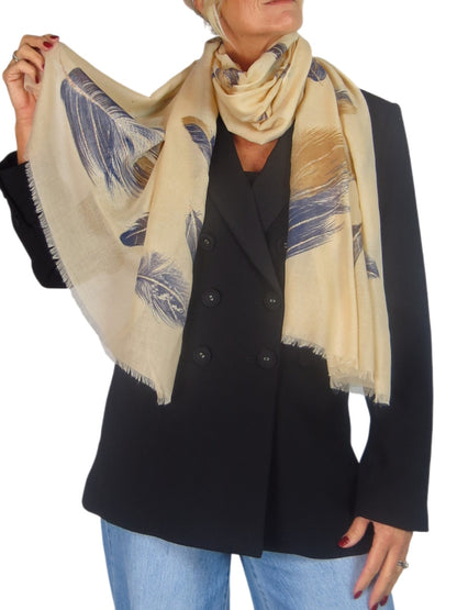 Golden Feather Print Scarf Beige