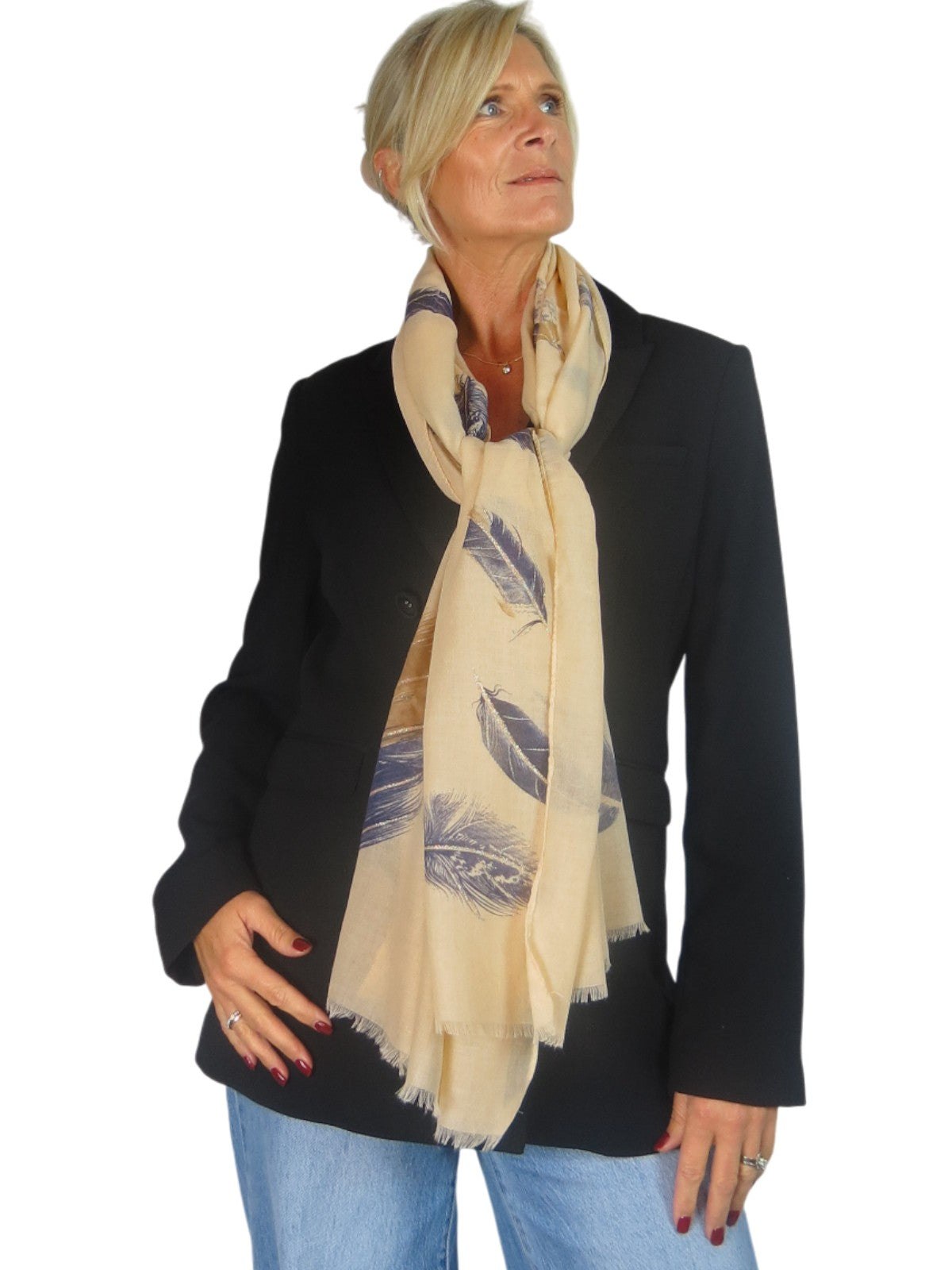 Golden Feather Print Scarf Beige