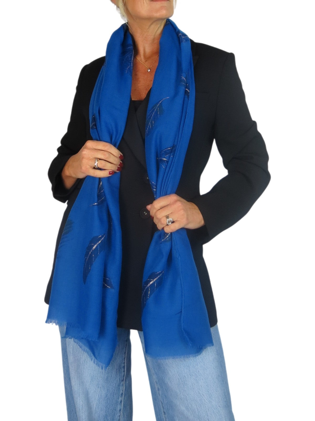 Golden Feather Print Scarf Royal Blue
