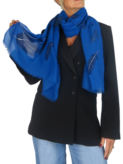 Golden Feather Print Scarf Royal Blue