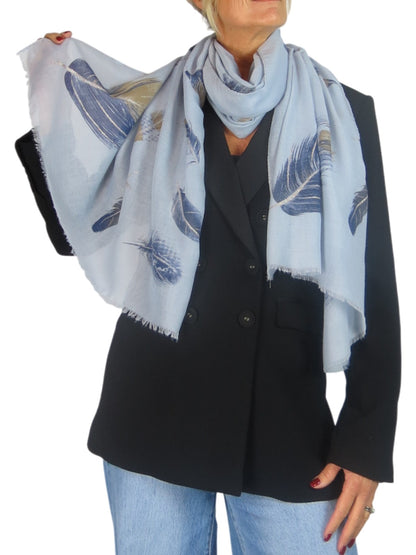 Golden Feather Print Scarf Sky Blue