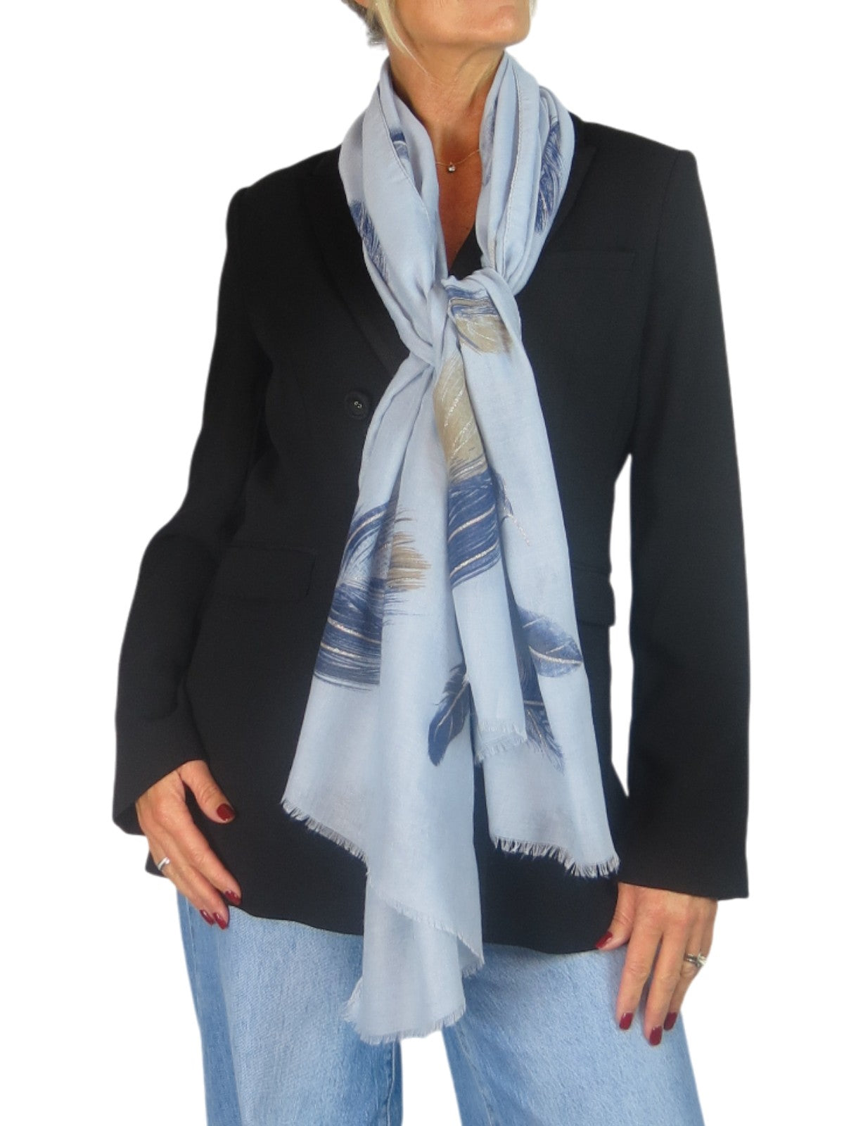 Golden Feather Print Scarf Sky Blue