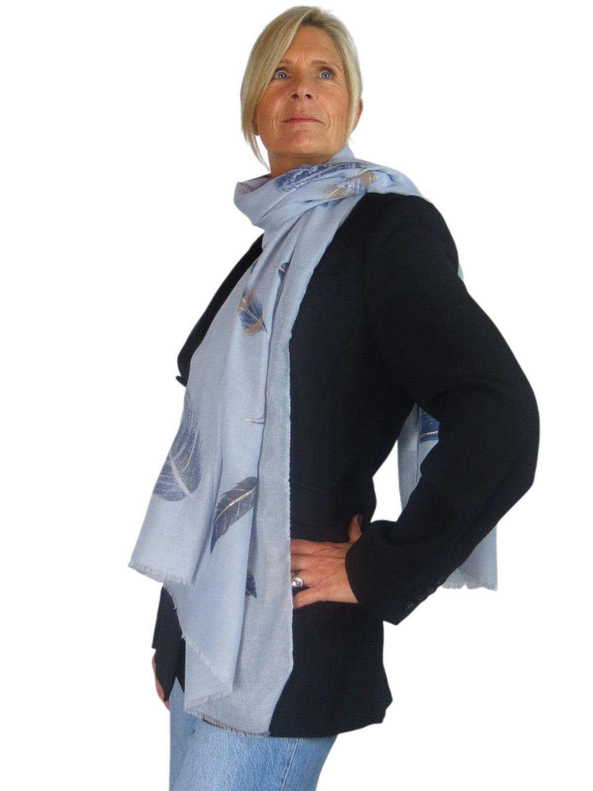 Golden Feather Print Scarf Sky Blue