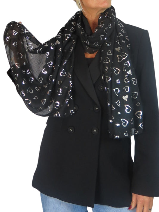 Silver Heart Design Cotton Scarf Black