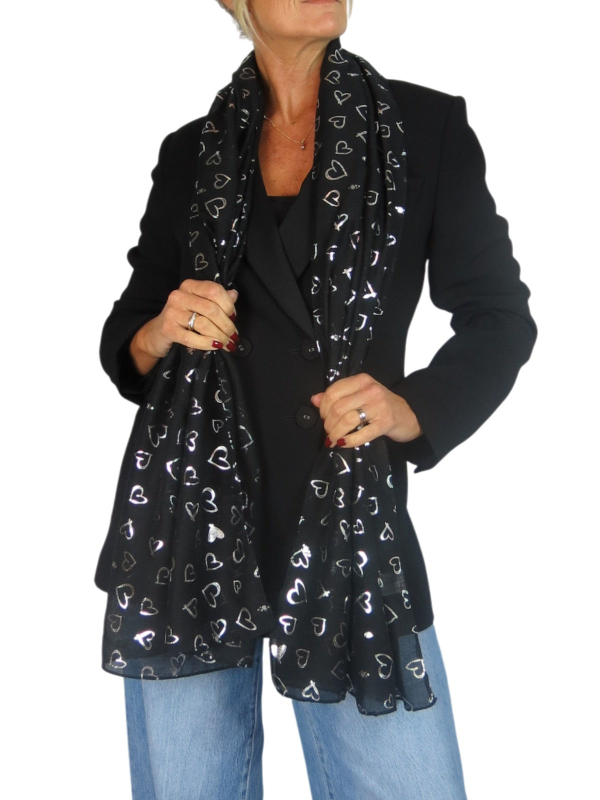 Silver Heart Design Cotton Scarf Black