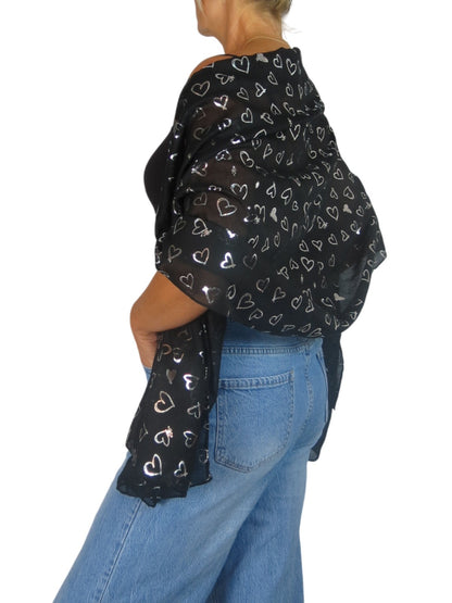 Silver Heart Design Cotton Scarf Black
