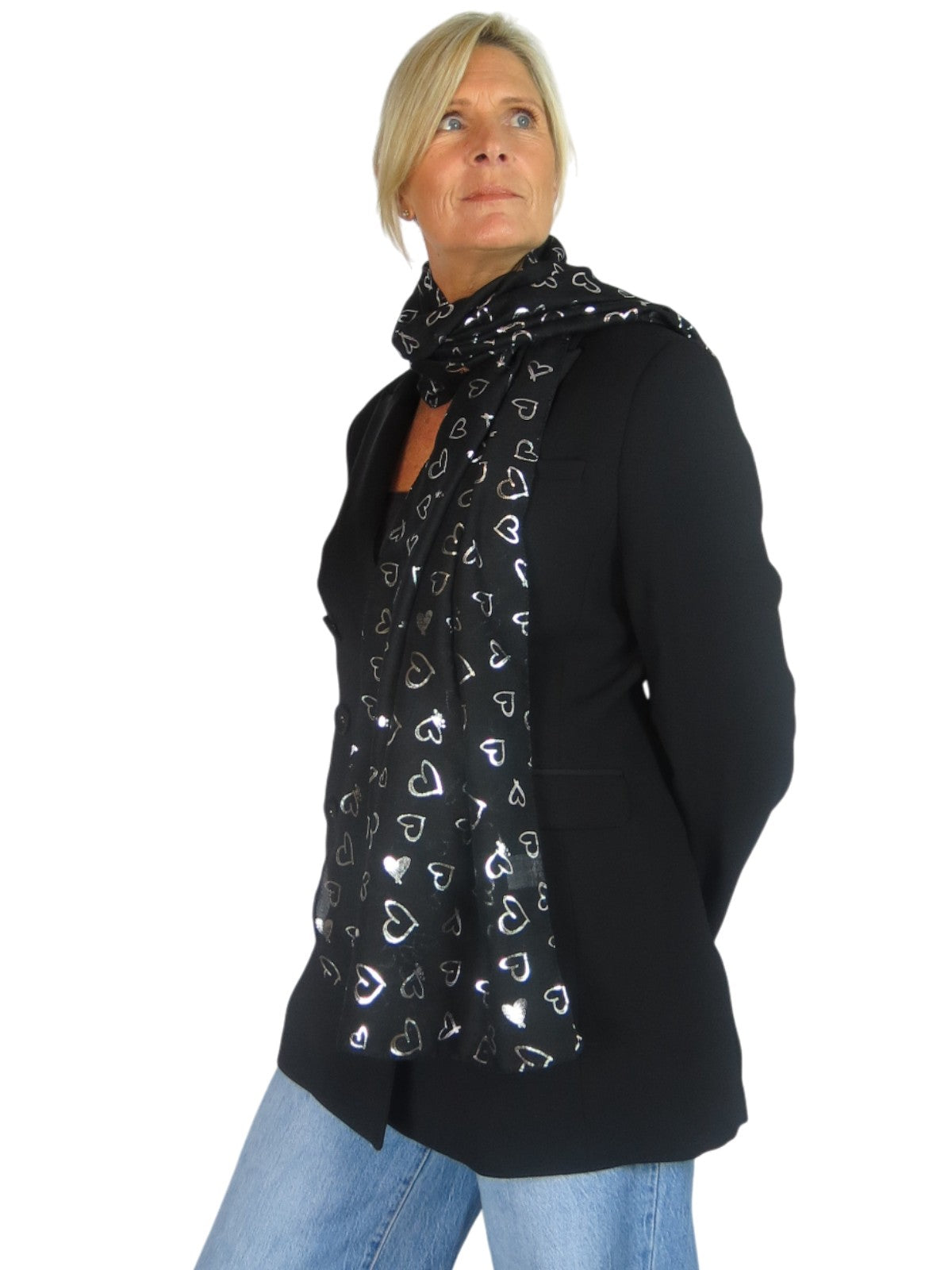 Silver Heart Design Cotton Scarf Black